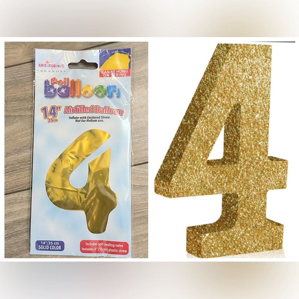 9.5” Glittery Gold Number 4 Decoration & 14” Gold Air Filled Foil Balloon Bundle